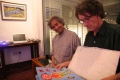Jogen & Werner exploring through a pile of Bindu paintings